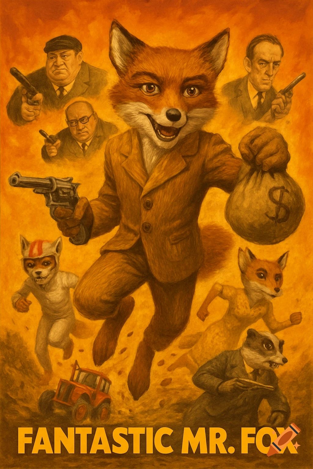 A stylized illustration poster based on Fantastic Mr. Fox, showing anthropomorphic animal characters and humans with guns and a money bag. Text reads "FANTASTIC MR. FOX".