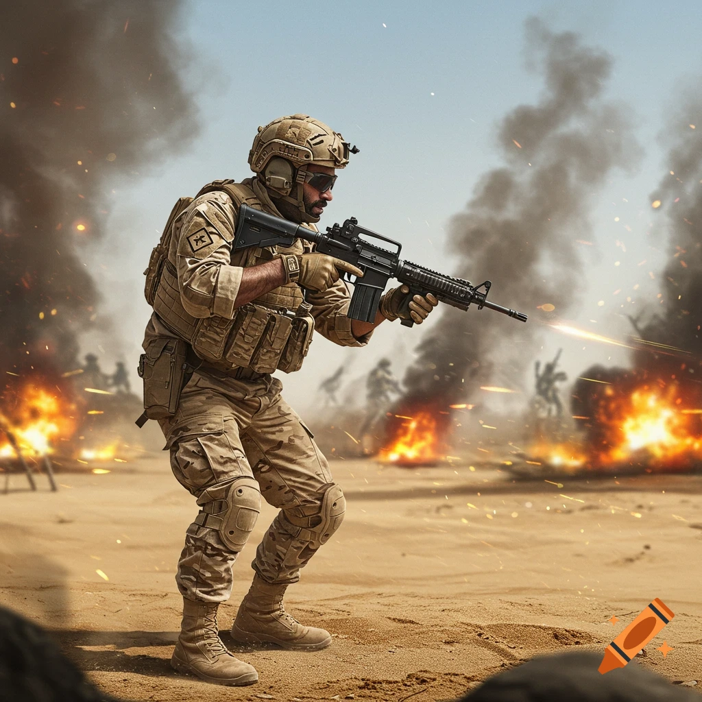 A modern soldier fires a rifle in a desert battlefield with explosions and smoke.