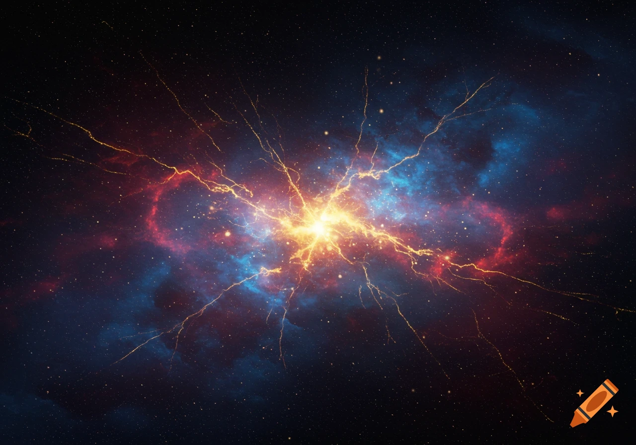 A bright light burst in the center of a colorful red and blue nebula with glowing tendrils, in a starry deep space oil paint style.
