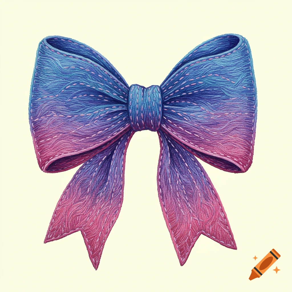 An embroidery-style bow with a blue and pink gradient and stitched details on a light background.