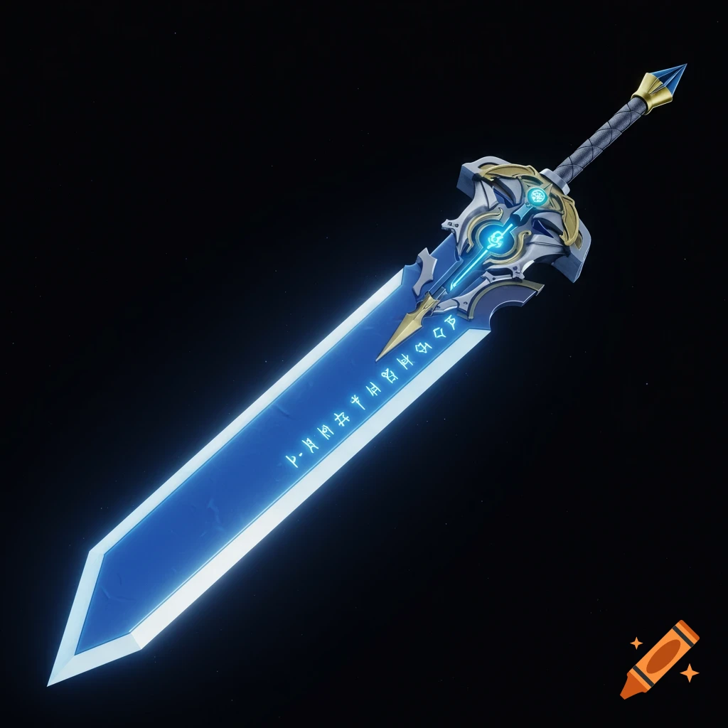 A detailed fantasy greatsword with glowing blue runes on a dark background.
