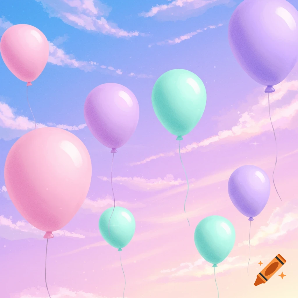 Pastel pink, purple, and mint green balloons floating in a cloudy sky.