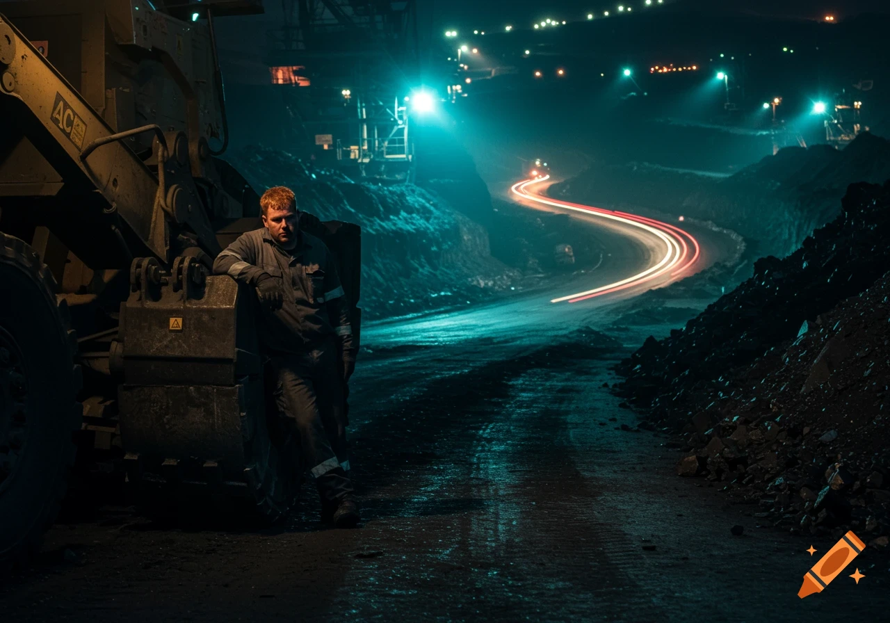 Man in work clothes leans on heavy machinery at night in an open-cut mine, with light trails in the background.