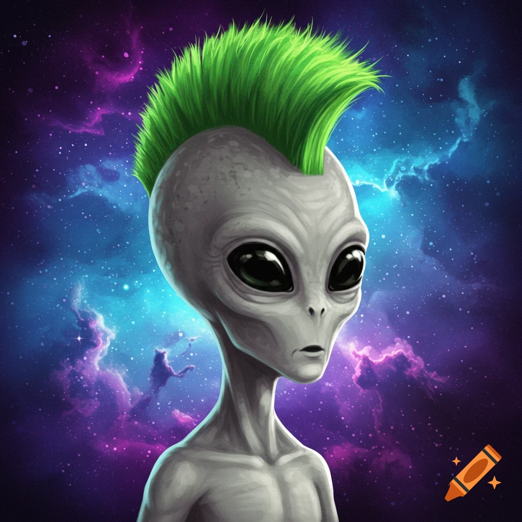 A grey alien with a green mohawk against a purple and blue nebula background.