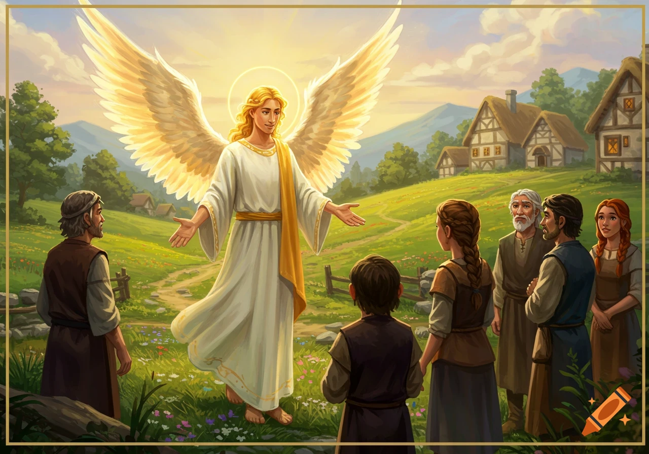 An angel with large wings stands before villagers in a sunny village landscape.