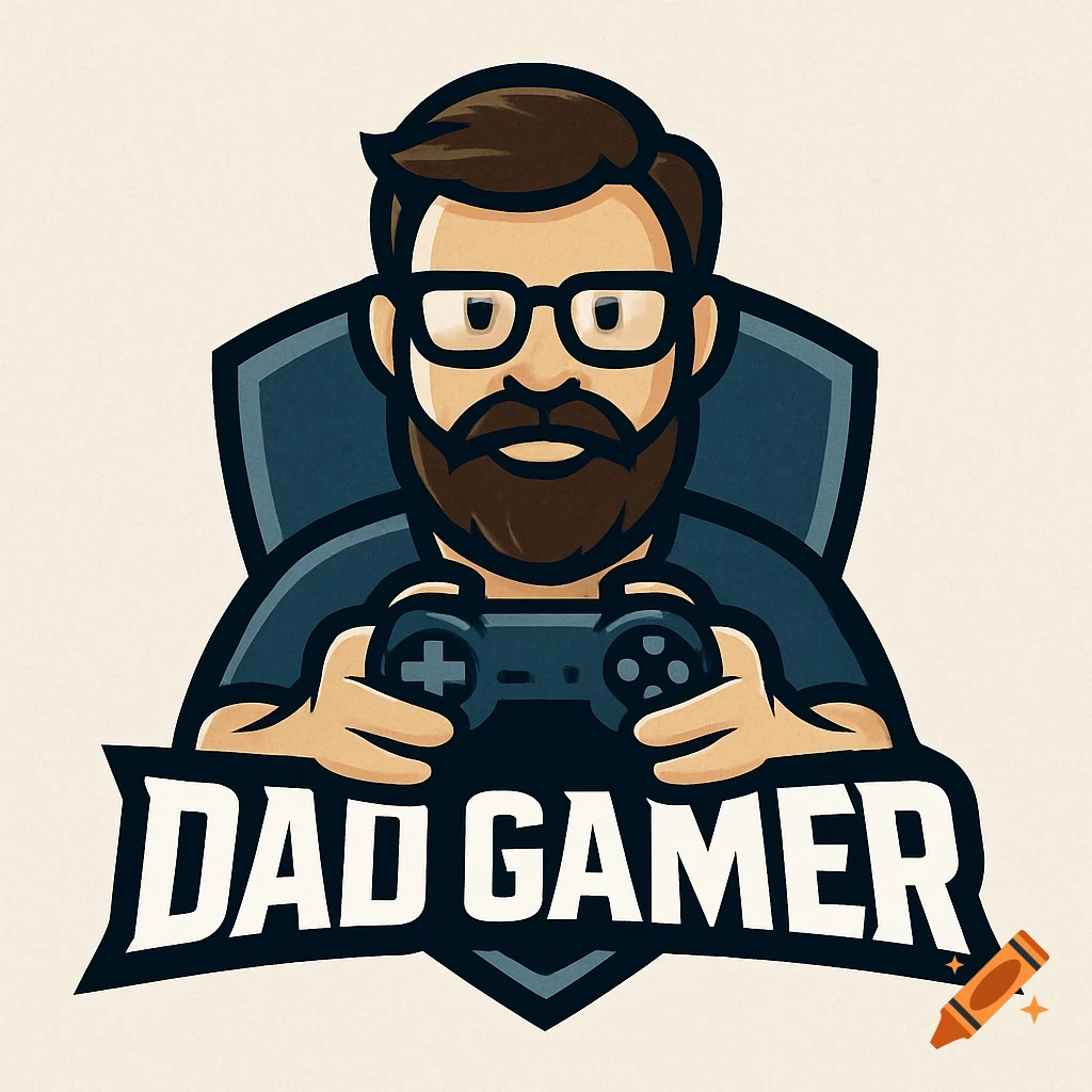 Logo of a stylized dad with glasses and beard holding a game controller, with the text "DAD GAMER" below.