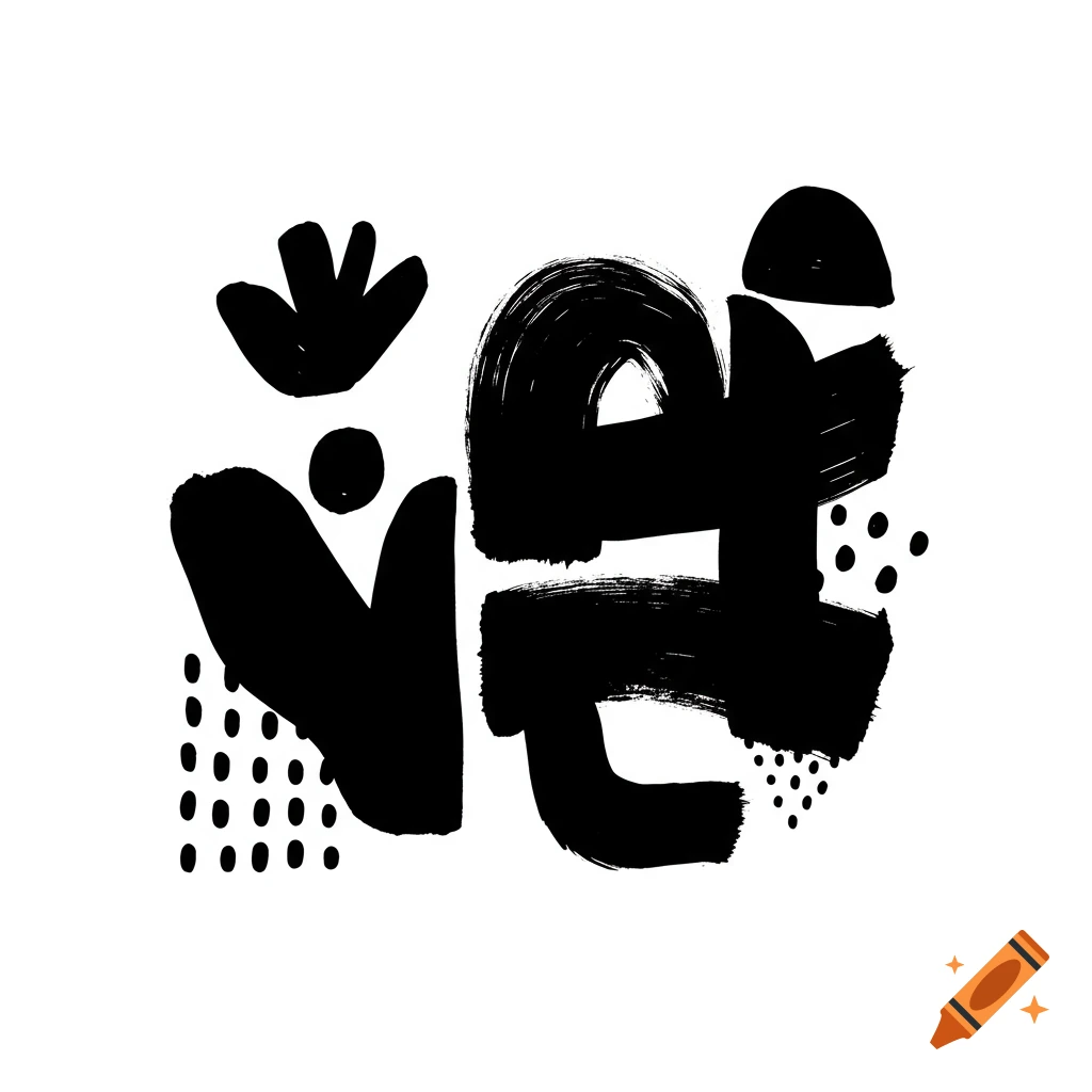 Abstract black shapes, dots, and brush strokes on a white background illustration.