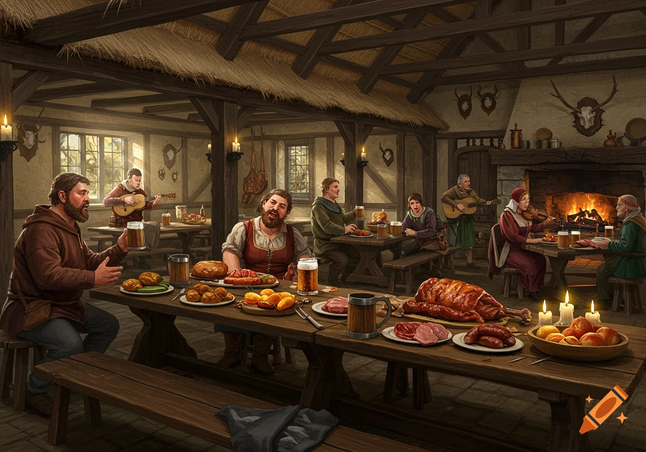 A bustling medieval alehouse scene with people eating, drinking, and musicians playing.