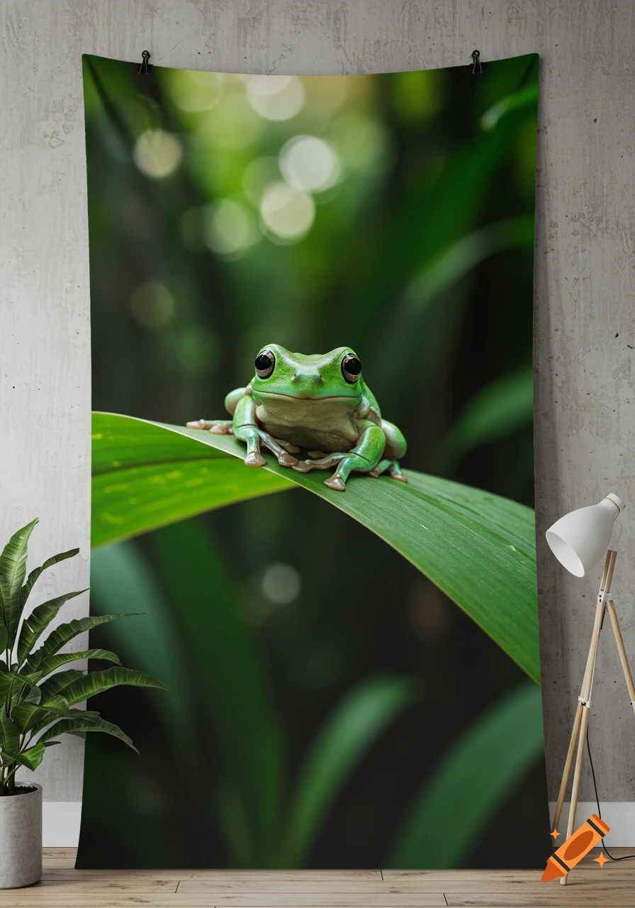 A close-up of a green frog sitting on a large green leaf in a blurry jungle setting.