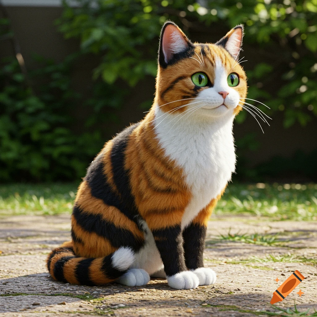 A 3D rendered calico cat sits outside.