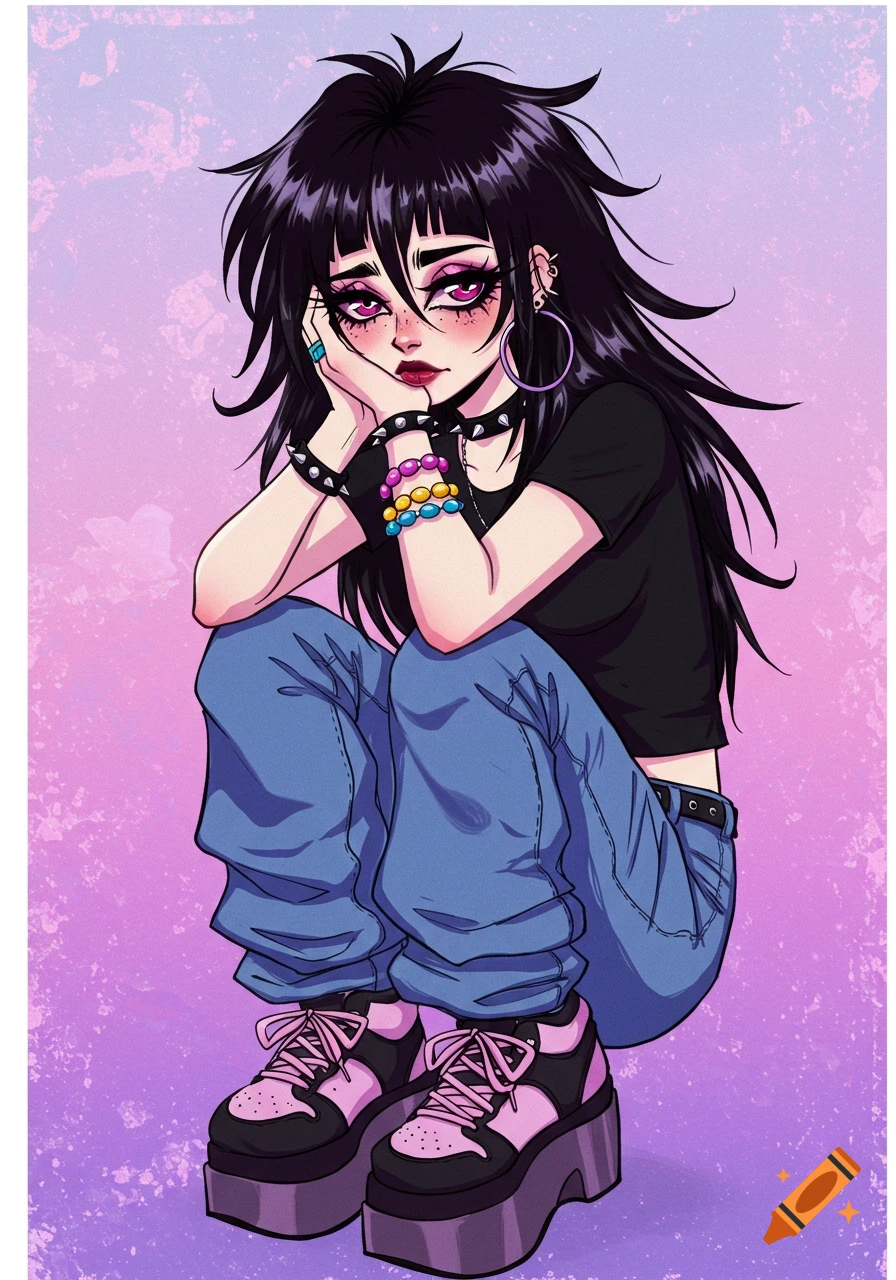 Anime-style illustration of an emo girl with dark hair, heavy makeup, baggy jeans, and platform shoes crouching.