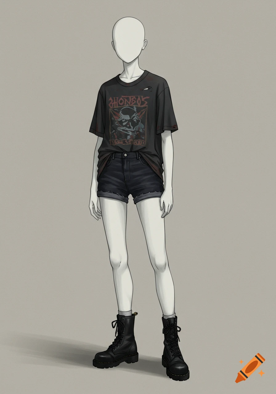 Mannequin figure wearing a grunge outfit with graphic t-shirt, denim shorts, and black boots.