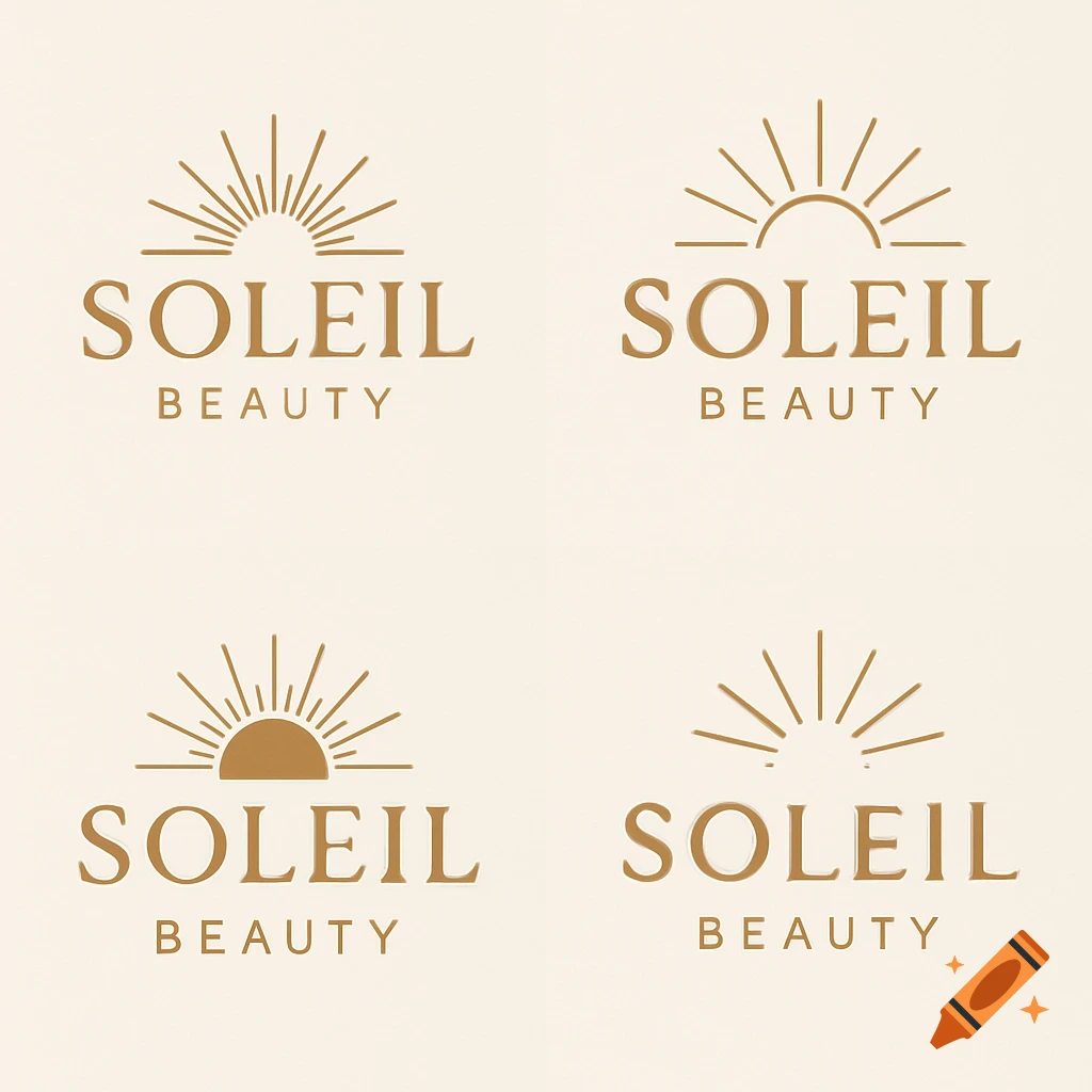 Four different logo designs for Soleil Beauty, each featuring a stylized sun icon.