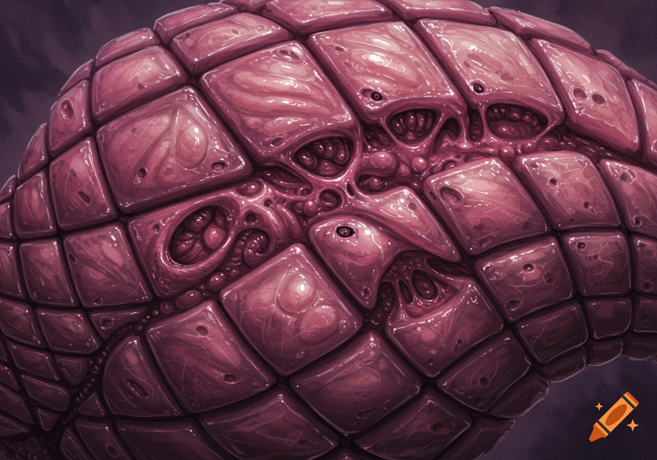 A close-up of wet, fleshy, organic tiles in the style of H.R. Giger.