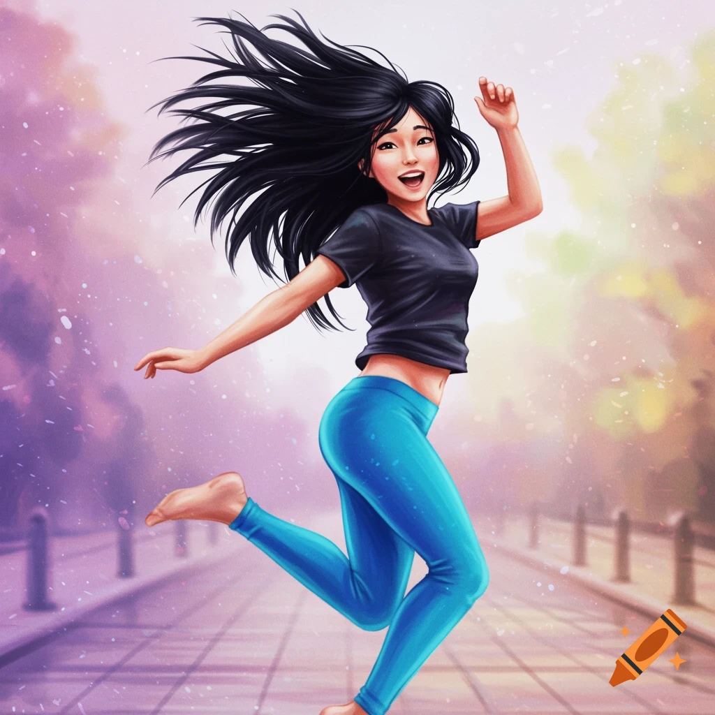 Digital illustration of a young woman jumping happily outdoors, wearing a black t-shirt and blue leggings, with hair flying.
