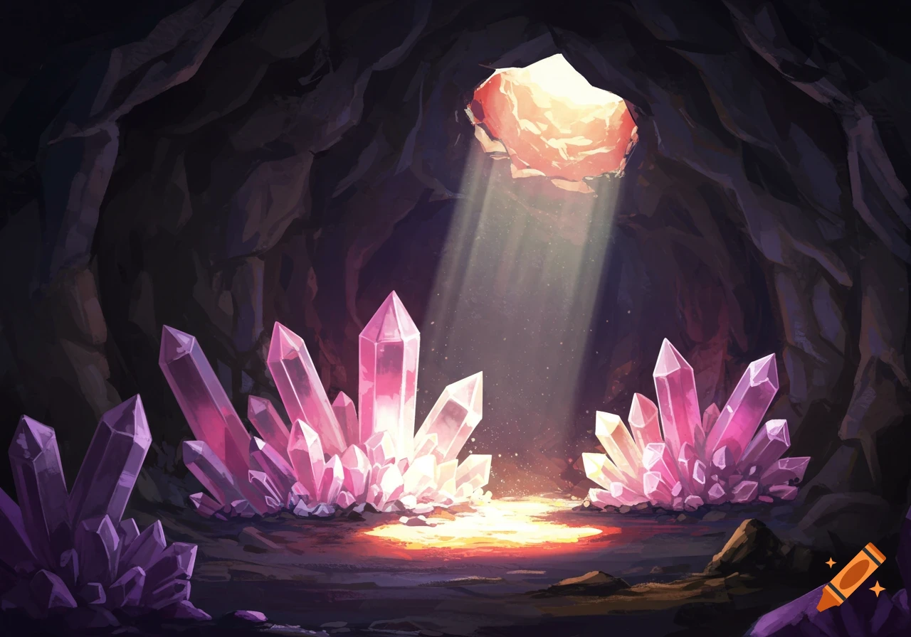A cave filled with glowing pink crystals, illuminated by a sunbeam from above.