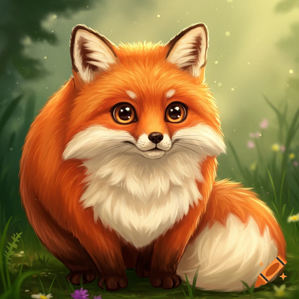 A chubby, cute orange fox with big eyes sits in a forest clearing, digital illustration.