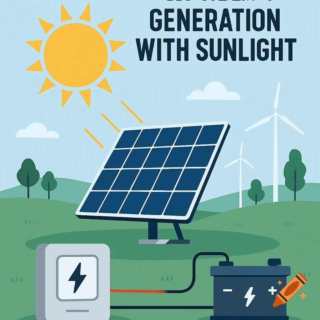 Illustration of solar panel generating electricity with sunlight, connected to battery, wind turbines in background
