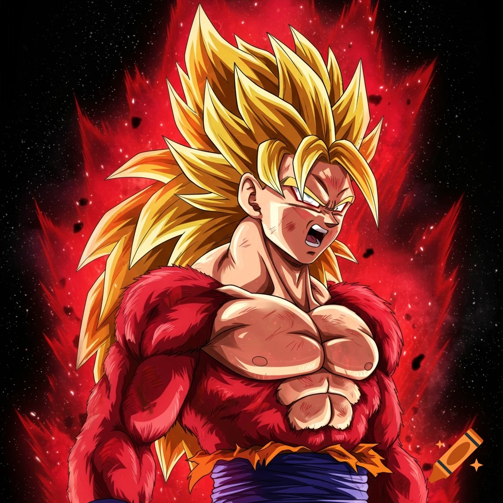 Anime illustration of Super Saiyan Goku with spiky yellow hair and red fur, roaring with a red aura.