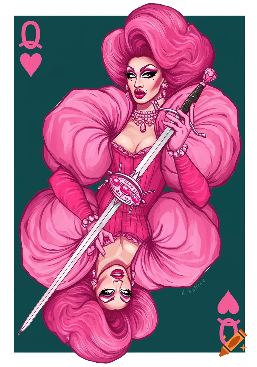 Illustration of a pink-clad drag queen holding a sword, styled as a Queen of Hearts playing card.