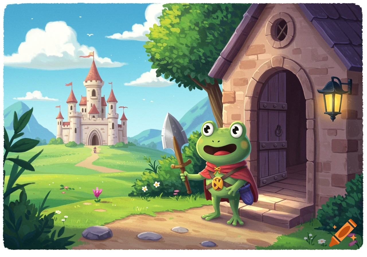 Cartoon frog hero with cape and shovel near a building, with a castle in the background, in a sunny fantasy landscape.
