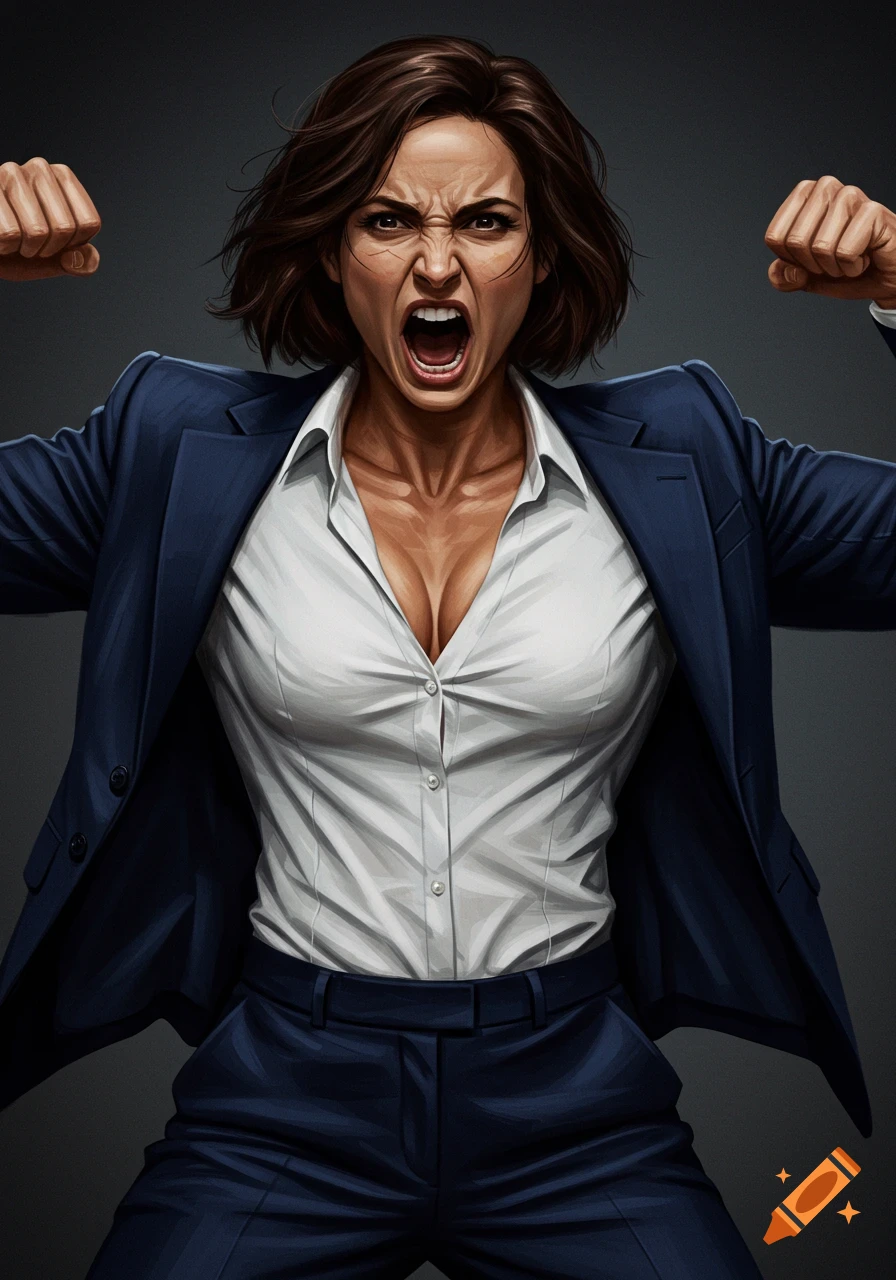 Digital illustration of a woman in a navy suit and white blouse shouting and flexing her muscles with rage.
