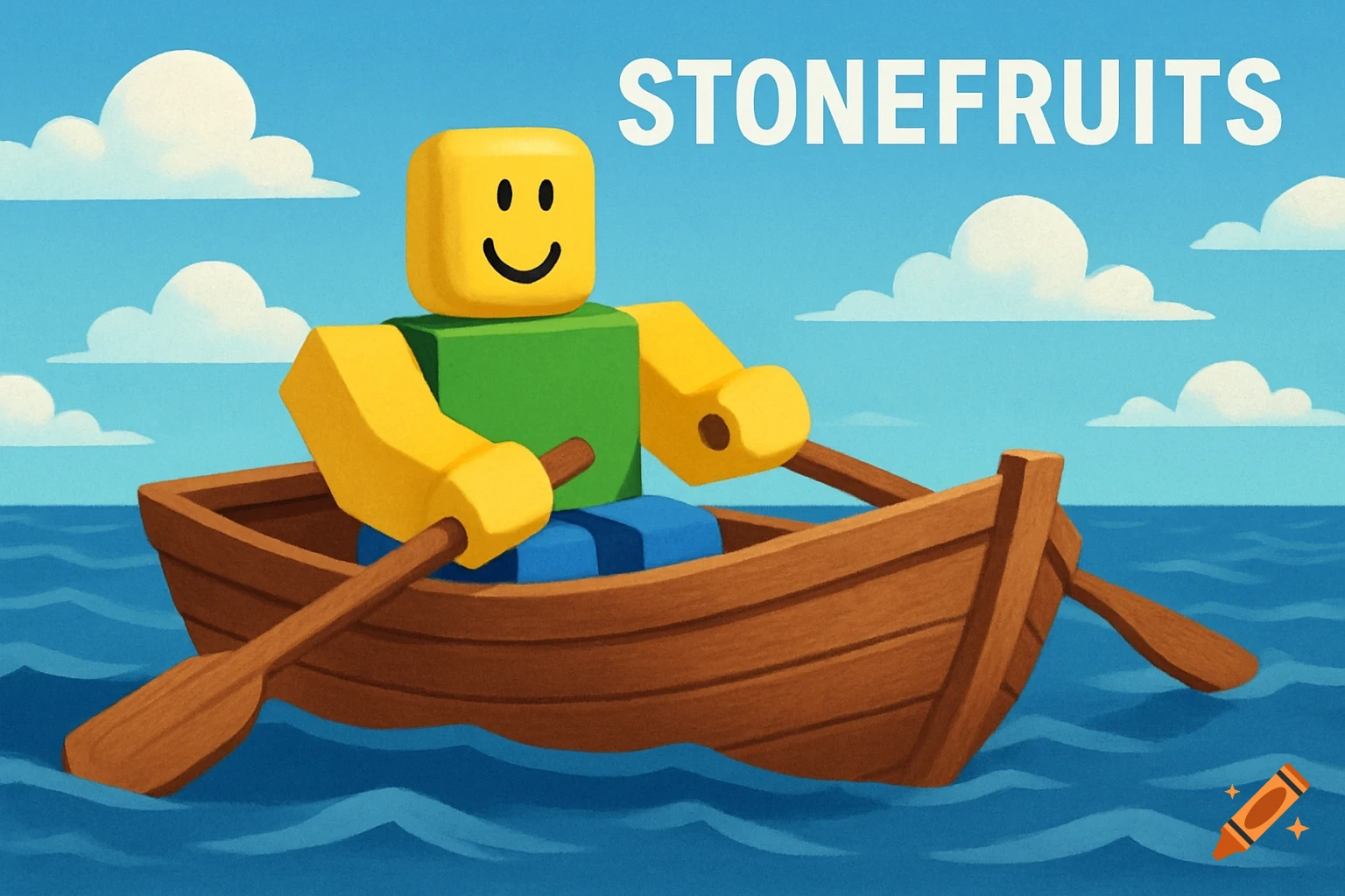 A cartoon Roblox character with a smiling face rows a wooden boat on the blue sea under a sky with clouds. The text "STONEFRUITS" is at the top right.