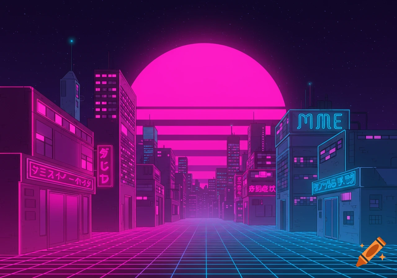 A stylized synthwave city street at night with neon signs and a large pink sun over a grid pattern ground.