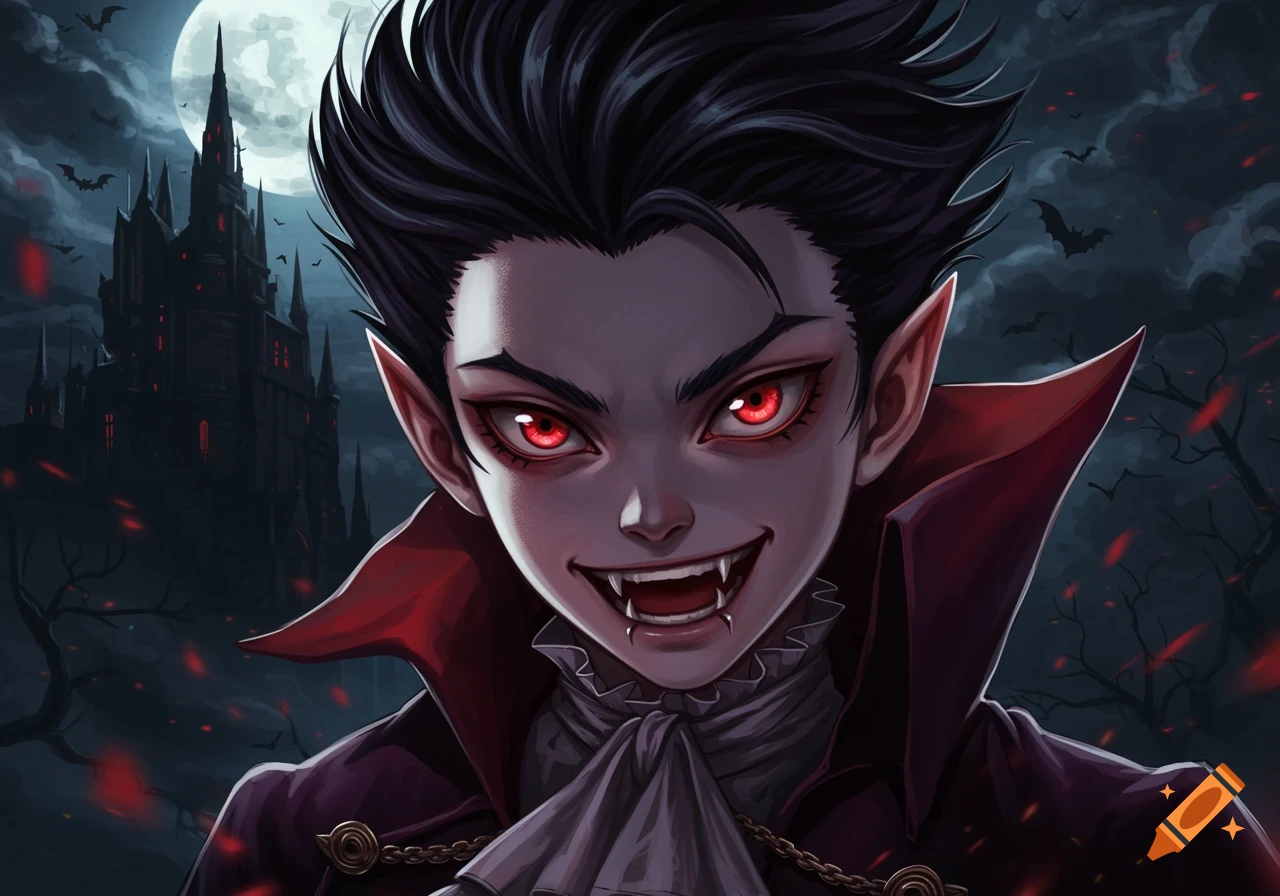 Young anime vampire boy with red eyes and fangs grinning in front of a castle.