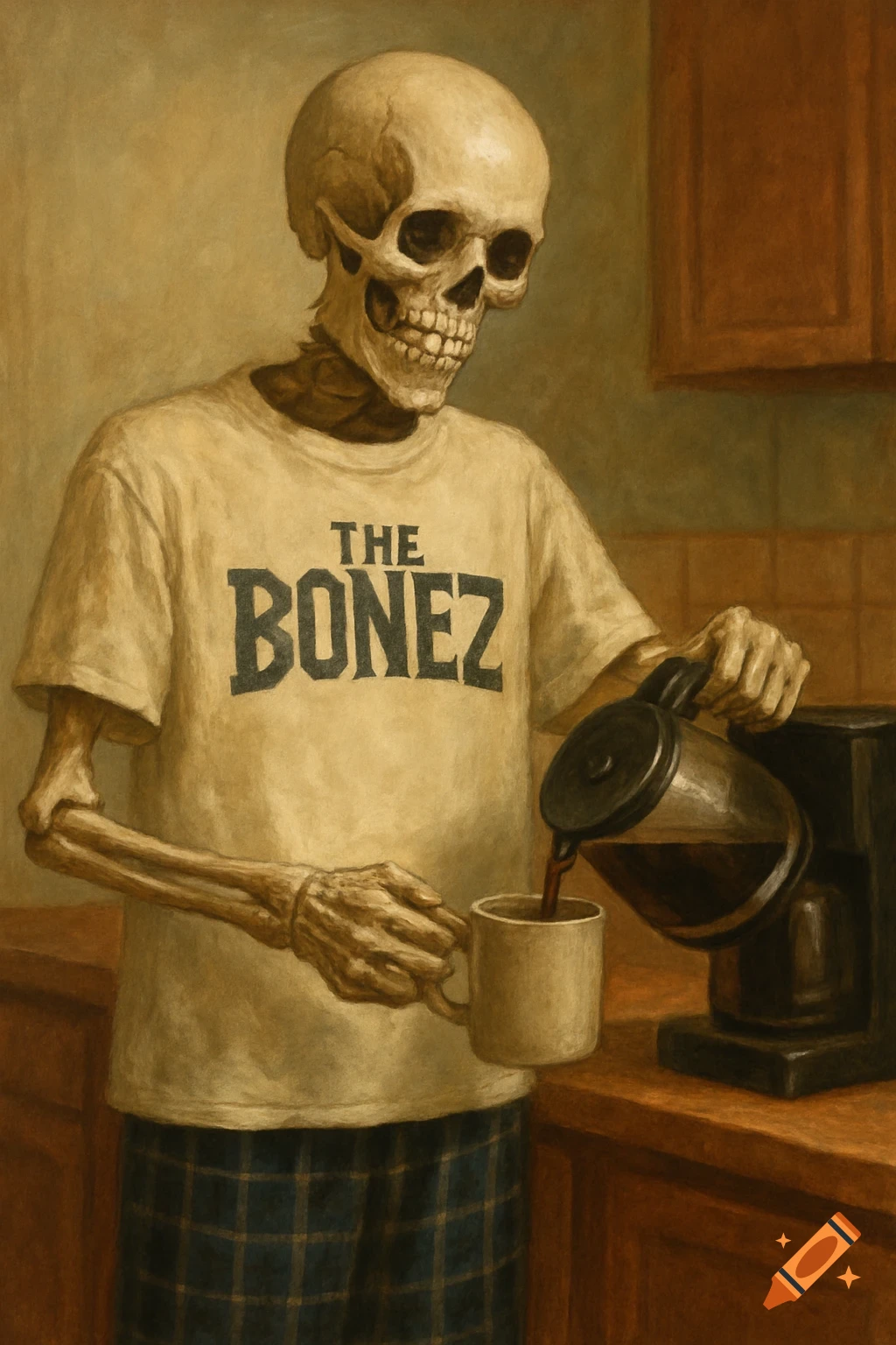 Skeleton pours coffee into a mug, wearing a t-shirt and plaid pants, in a painted style.