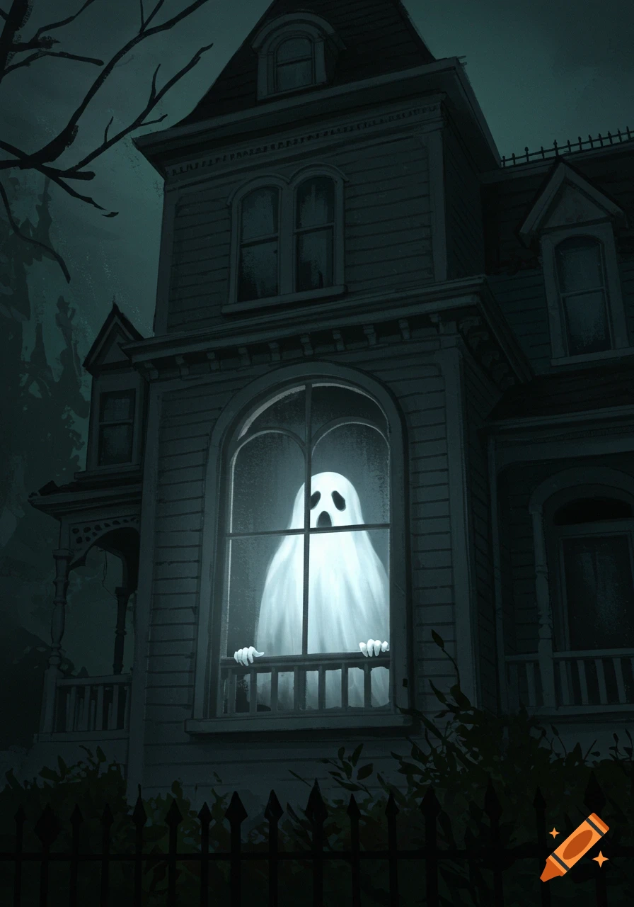 A sheet ghost looks out from a large arched window in a dark, spooky old house.
