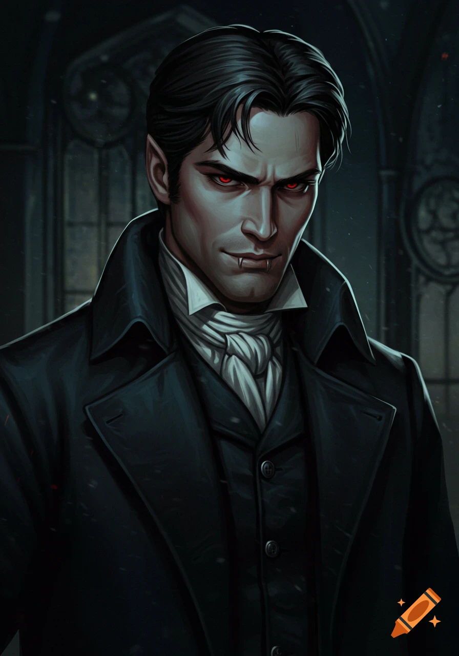 Handsome vampire with red eyes and fangs smirking in a dark Gothic setting.