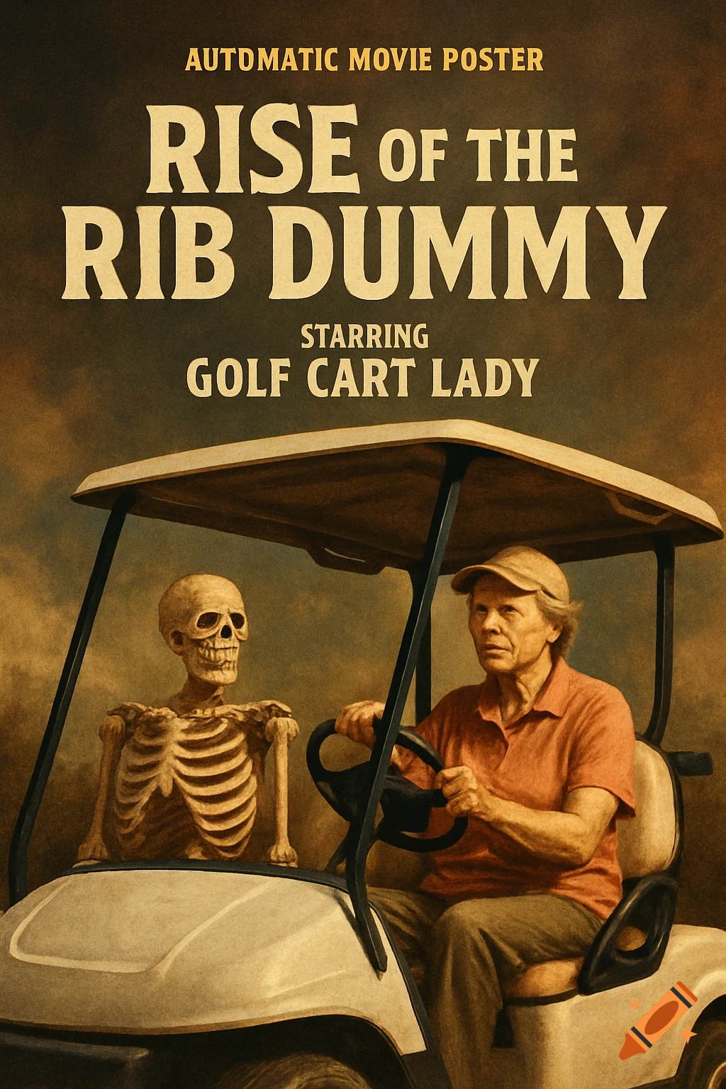 Movie poster for Rise of the Rib Dummy starring Golf Cart Lady, showing a skeleton and a person in a golf cart.
