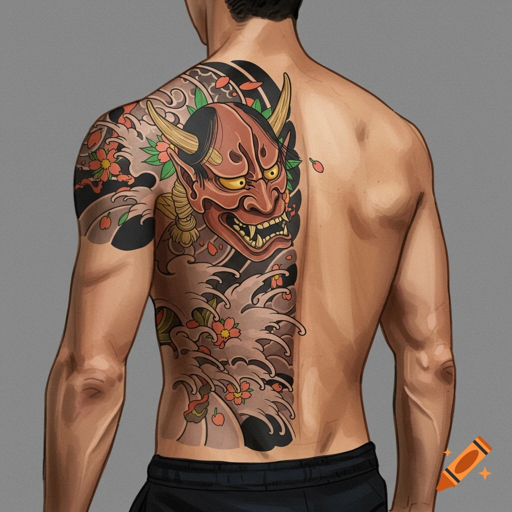 Person's back with a large Japanese tattoo of a red demon mask, waves, and flowers