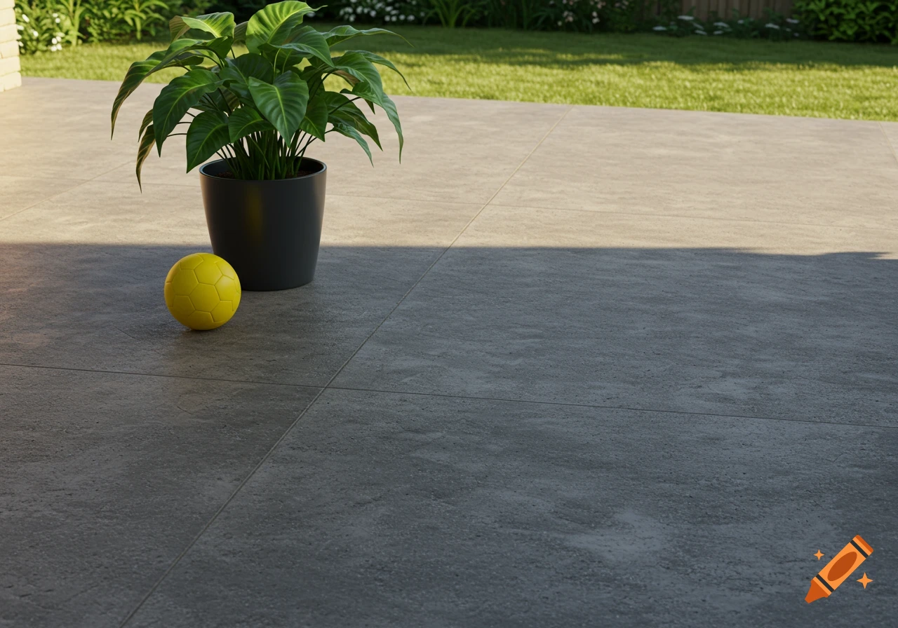 Outdoor concrete patio with a potted plant and a yellow ball