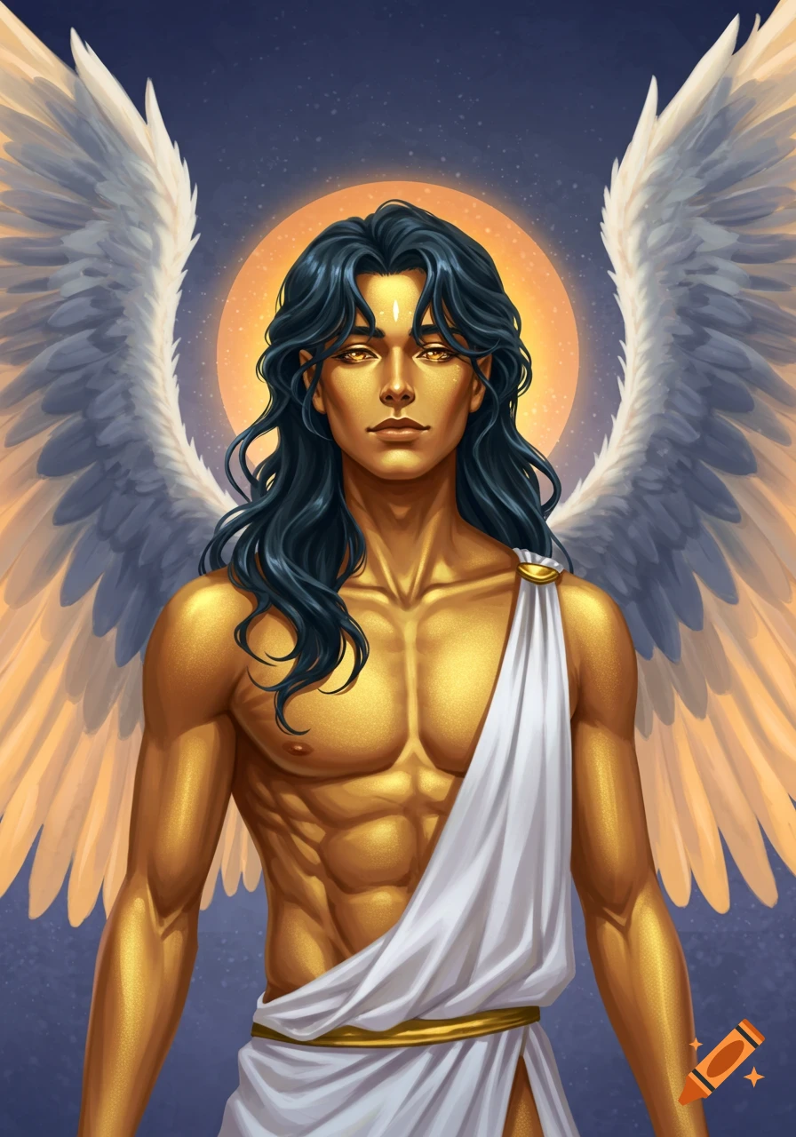Muscular man with golden skin and wings in a toga against a starry sky.