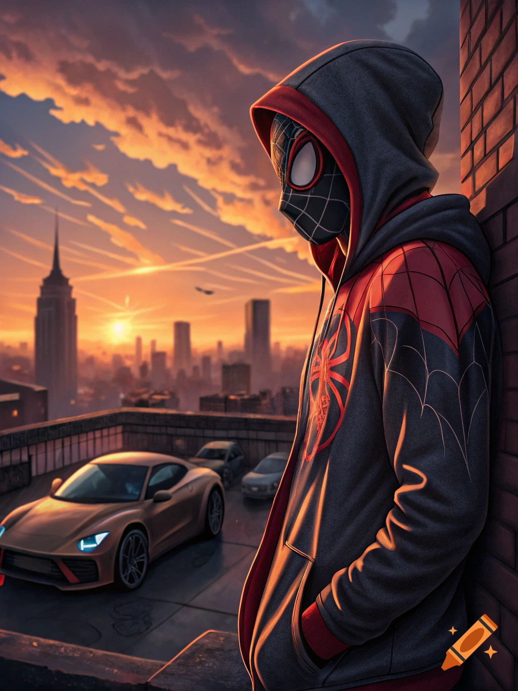 Miles Morales in his mask and hoodie looking out at a sunset city skyline with a car on a rooftop.