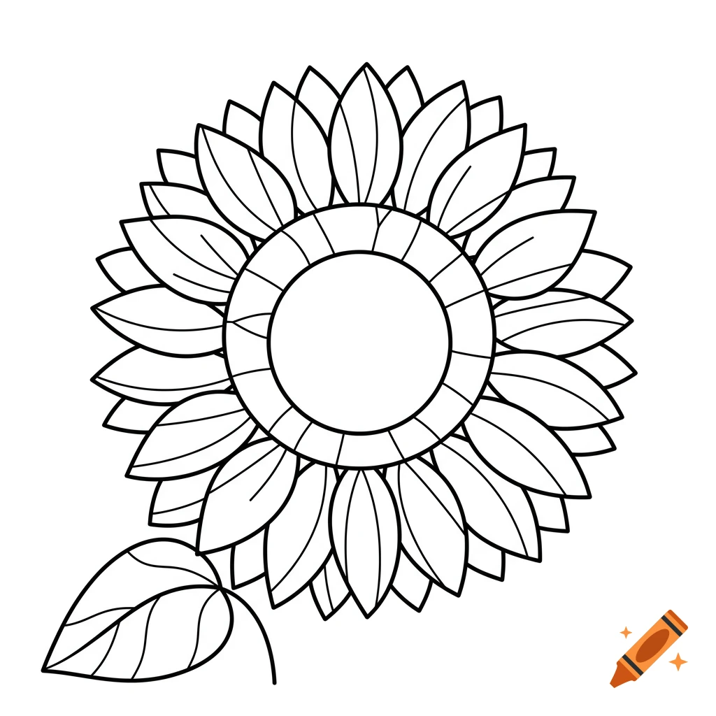 A black and white line drawing of a sunflower.