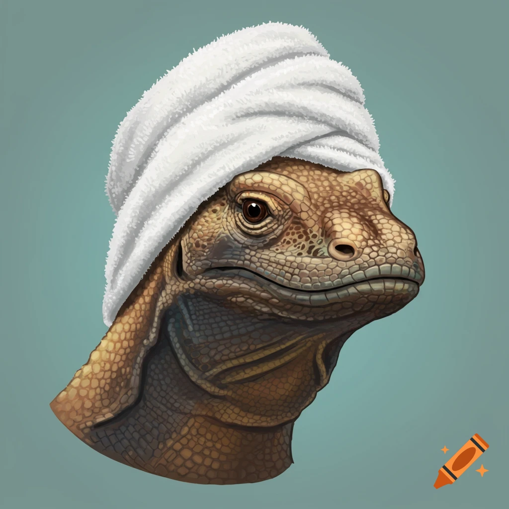 Head of a Komodo dragon wearing a white towel on its head against a blue background.