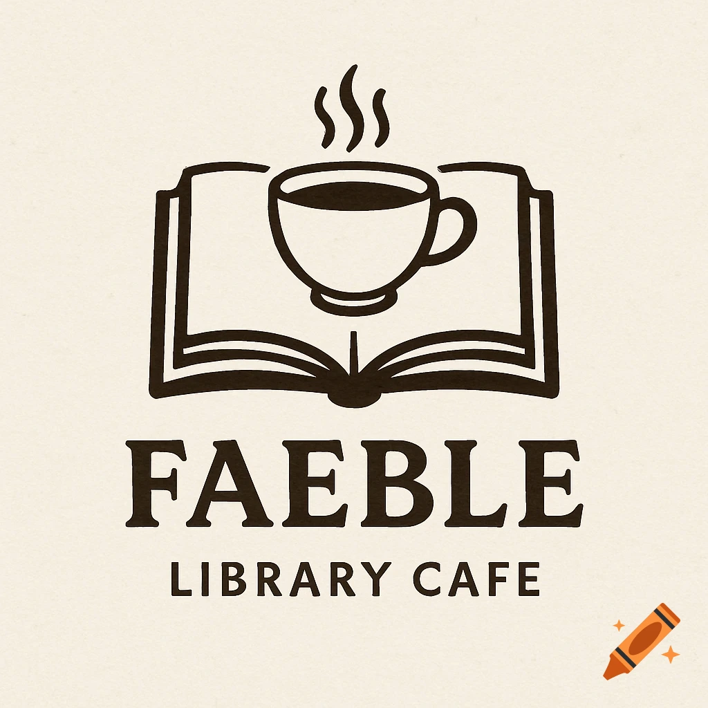 Logo of an open book with a steaming coffee cup on top, and the text 'FAEBLE LIBRARY CAFE' below.