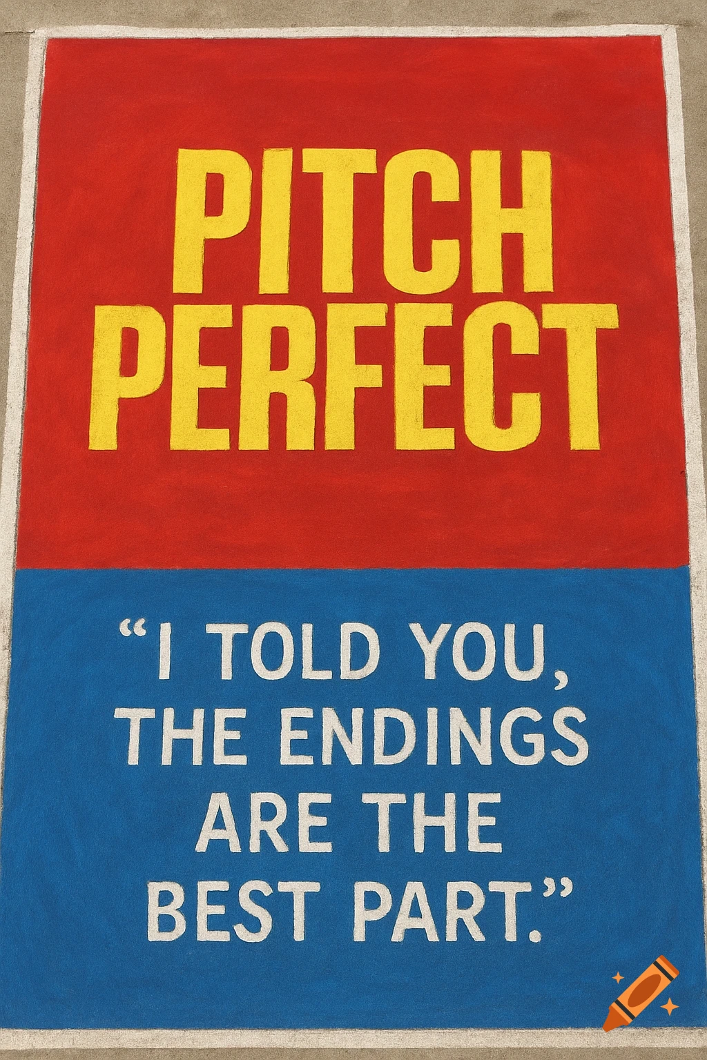 Pavement art with "Pitch Perfect" and a quote on red and blue background