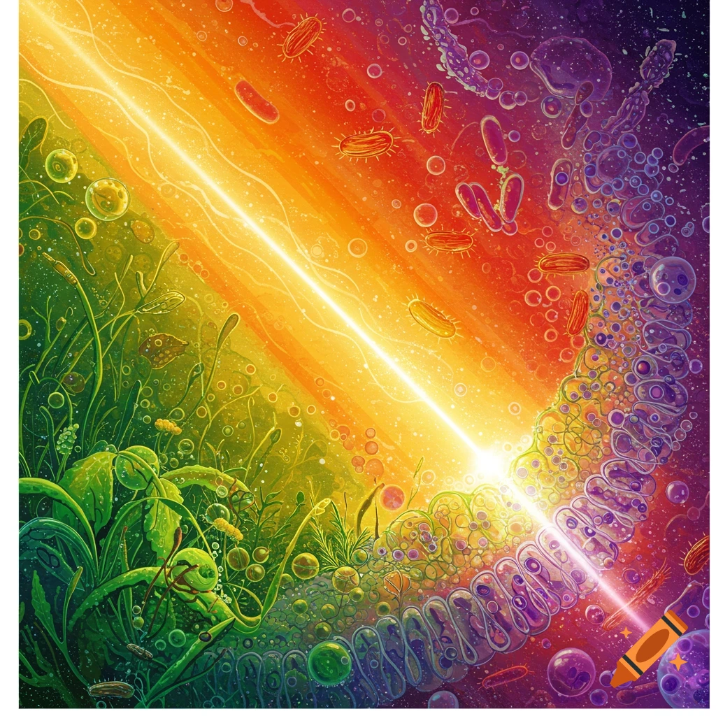 A beam of light illuminates microscopic life and plants in a vibrant, abstract biological scene.