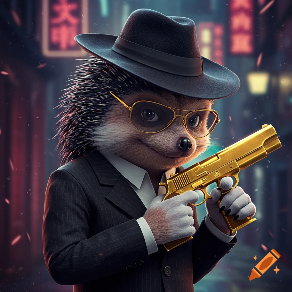 Anthropomorphic hedgehog in a suit and fedora holding a gold pistol in a city street.