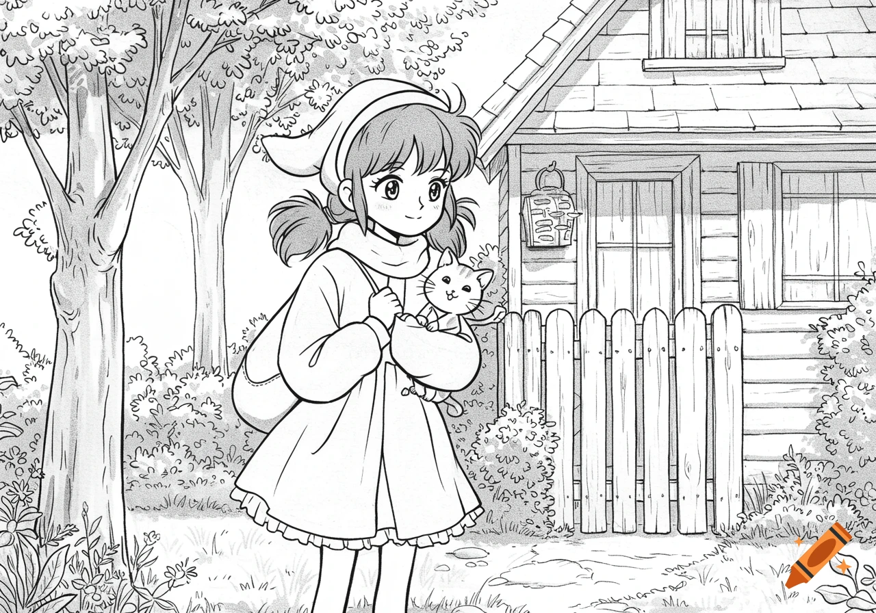 A young girl holds a cat in front of a house and garden in a black and white line drawing.