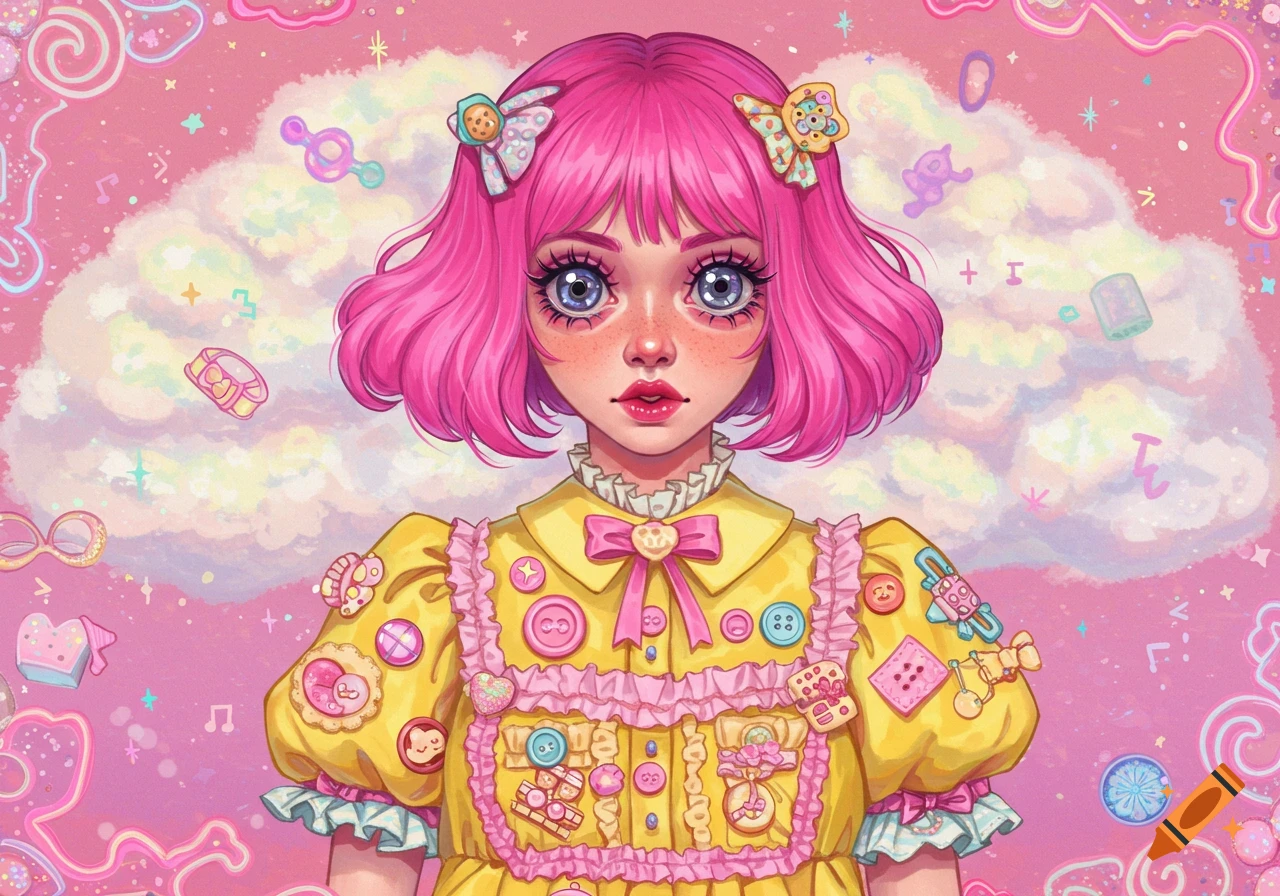 Stylized illustration of a girl with pink hair, big eyes, and a yellow dress covered in cute buttons and charms, against a pink sky with whimsical floating objects.