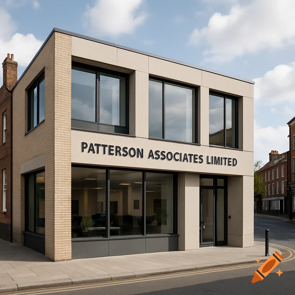 Modern office building with 'PATTERSON ASSOCIATES LIMITED' sign.