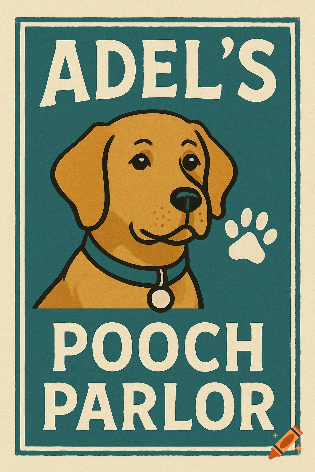 Stylized poster for Adel's Pooch Parlor with a cartoon dog.