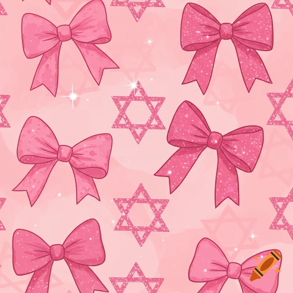A seamless pink pattern with sparkling pink bows and Stars of David.