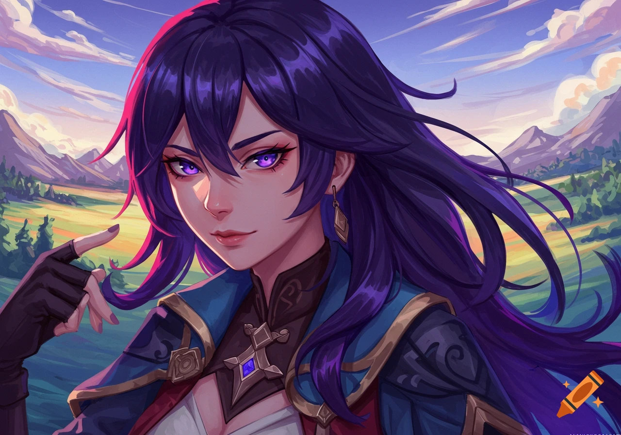 Illustrative portrait of a purple-haired character with purple eyes pointing against a landscape.
