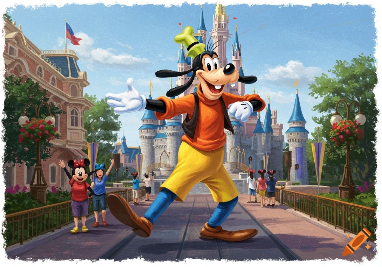 Goofy walks forward on a theme park street with a castle in the background and people including Mickey and Minnie.